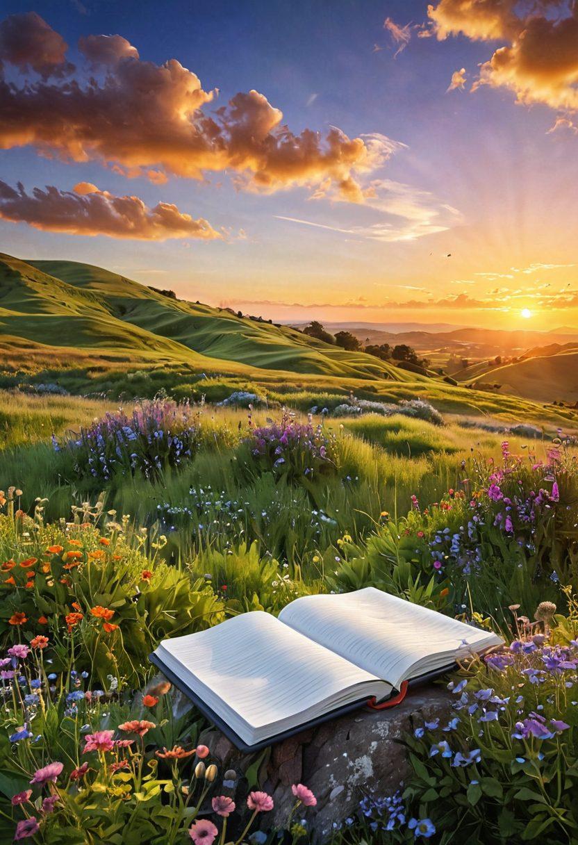 A serene landscape featuring a radiant sunrise over rolling hills, symbolizing new beginnings and joy. Include lush greenery with colorful wildflowers blooming vibrantly, representing exuberance and vitality. In the foreground, an open notebook with handwritten secrets, surrounded by joyful people of diverse backgrounds celebrating together. Capture an atmosphere of warmth, positivity, and endless possibilities. super-realistic. vibrant colors. 3D.
