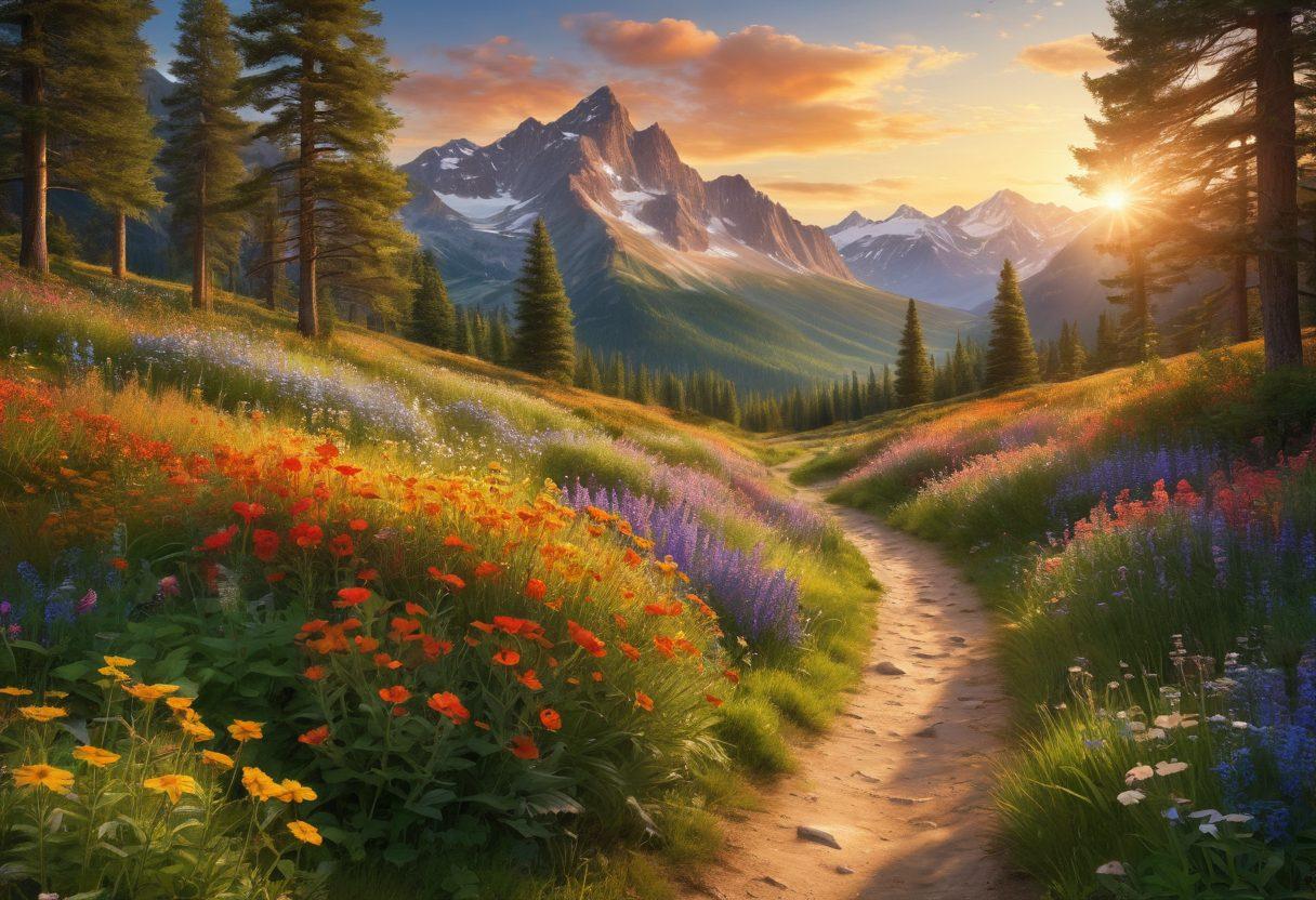 A vibrant pathway winding through a lush, sunlit forest, symbolizing the journey of personal growth. Along the path, colorful wildflowers bloom, representing diverse experiences and joy. In the background, majestic mountains rise, capturing the spirit of adventure and limitless possibilities. A warm, golden sunlight filters through the trees, creating a hopeful atmosphere. The scene is infused with a sense of tranquility and exuberance. super-realistic. vibrant colors. 3D.