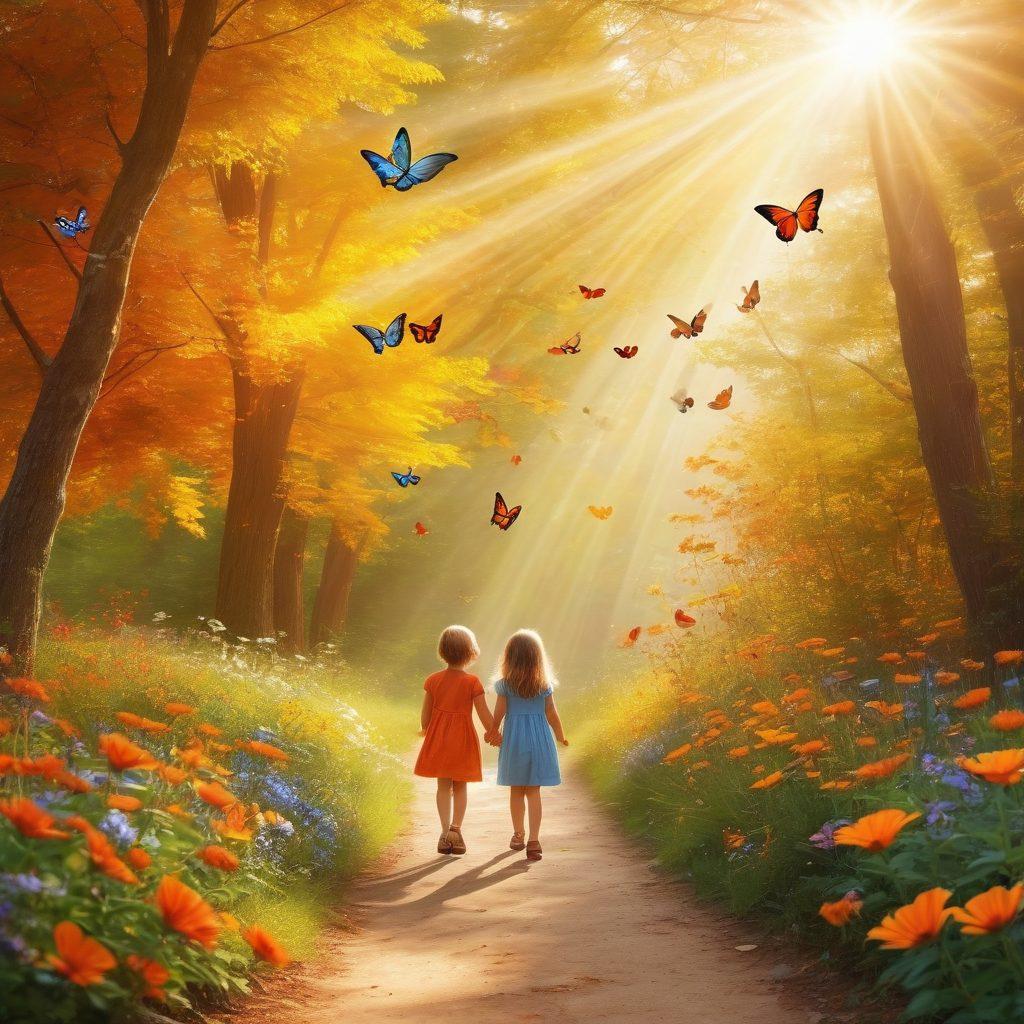 A collage depicting a vibrant journey of life, starting with joyous moments like family gatherings, laughter, and playful children. Gradually transitioning to serene landscapes symbolizing peace and contentment, with rays of sunshine illuminating the path ahead. Include warm colors blending into cool tones to represent emotional growth. Elements like butterflies and blooming flowers should signify transformation and growth. dreamy, vibrant colors, 3D elements.